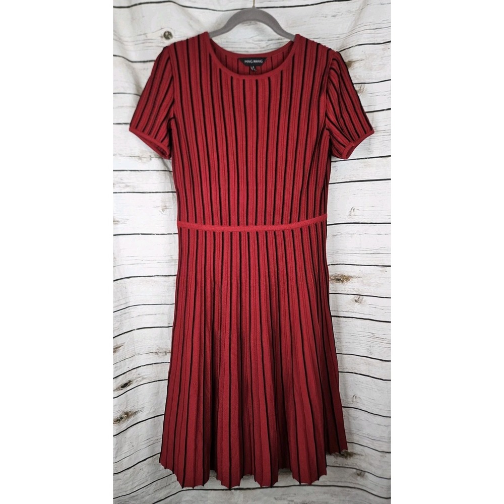 Ming Wang Red Striped Knit Dress S Midi Fit & Flare Career Short Sleeve